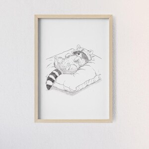 Schlafender Waschbär | Exklusiver Kunstdruck A4 | Gerahmtes Poster mit matter Oberfläche | Schlurpi der Waschbär