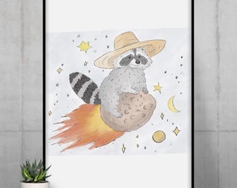 Raccoon Across the Universe | Pencil Sketch of Schlurpi the raccoon, Fine Art Print, Museum-Grade Quality, Vertical Print, No Frame included
