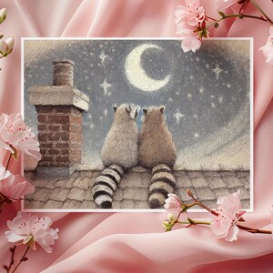 Romantische Waschbären Postkarte – Fine Art Print von handgezeichneter Illustration | Perfekt für Waschbär-Fans