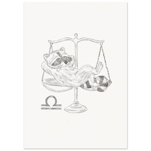 Schlurpi il Procione nei panni della Bilancia – Stampa artistica dello zodiaco senza cornice in formato A4 su carta fine art opaca da 250 g/m² / Opera d'arte oroscopo equilibrata e accogliente