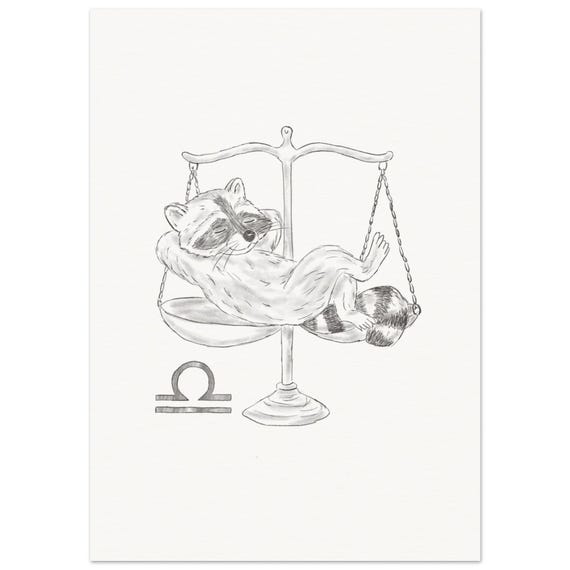 Schlurpi the Raccoon as Libra – A4 Unframed Zodiac Art Print on Matte 250gsm Fine Art Paper | Balanced and Cozy Horoscope Artwork