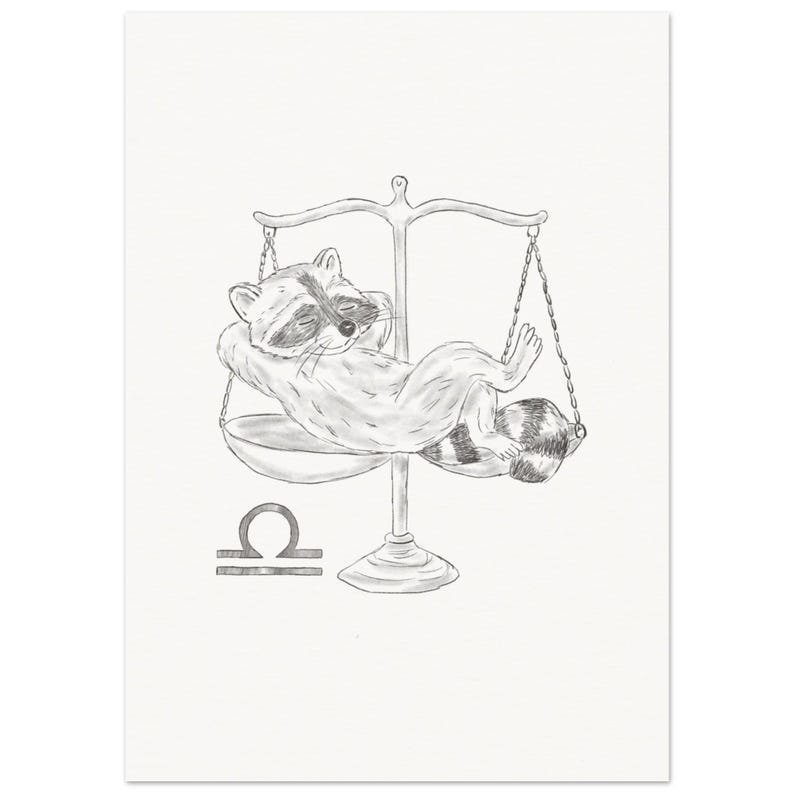 Schlurpi the Raccoon as Libra – A4 Unframed Zodiac Art Print on Matte 250gsm Fine Art Paper | Balanced and Cozy Horoscope Artwork