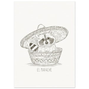 Fine Art Print –  Schlurpi der Waschbär auf Spanisch "El Mapache" | 5x7" (12,7x17,8 cm) Bleistiftzeichnung – Ungerahmt