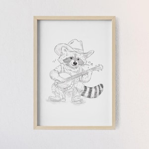 Schlurpi der Waschbär spielt Banjo – Gerahmtes Poster im Cowboy-Stil, Exklusiver A4-Druck für deine Wanddeko