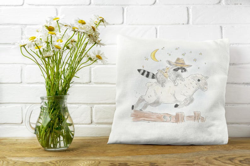 Square Pillow with Schlurpi the Raccoon Riding a Sheep | Perfect Gift for Raccoon Fans