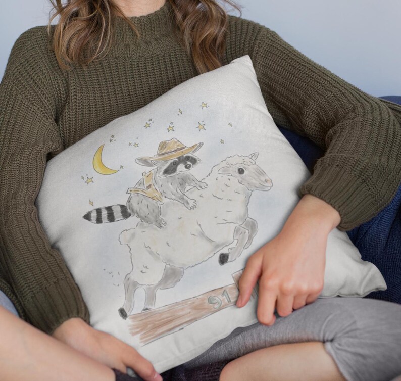 Square Pillow with Schlurpi the Raccoon Riding a Sheep | Perfect Gift for Raccoon Fans