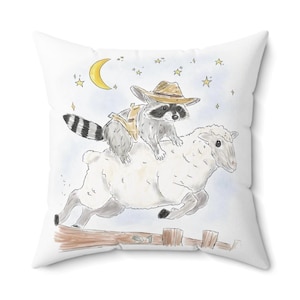 Square Pillow with Schlurpi the Raccoon Riding a Sheep | Perfect Gift for Raccoon Fans