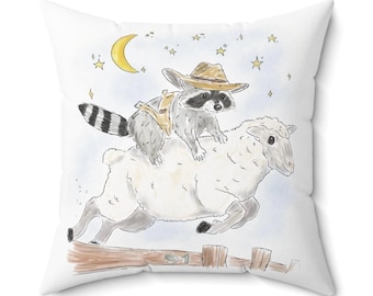 Square Pillow with Schlurpi the Raccoon Riding a Sheep | Perfect Gift for Raccoon Fans | 14"x14" (35.5x35.5 cm)