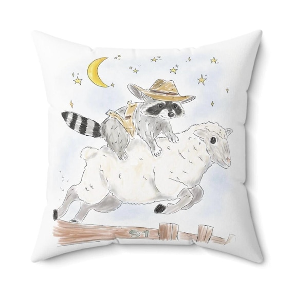 Square Pillow with Schlurpi the Raccoon Riding a Sheep | Perfect Gift for Raccoon Fans | 14"x14" (35.5x35.5 cm)