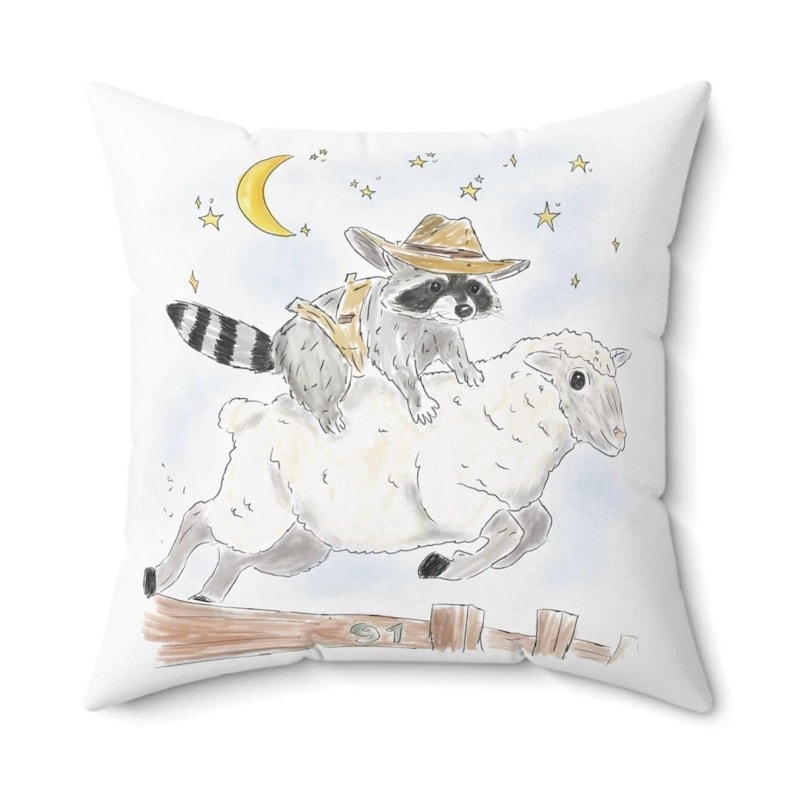 Square Pillow with Schlurpi the Raccoon Riding a Sheep | Perfect Gift for Raccoon Fans