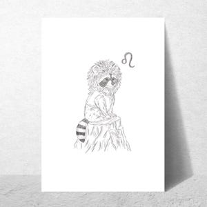 Schlurpi the Raccoon as Leo – A4 Unframed Zodiac Art Print on 250gsm Fine Art Paper | Lion Mane Woodland Illustration for Leos