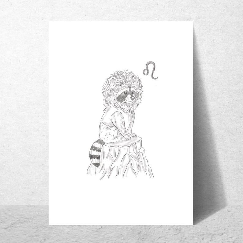 Schlurpi the Raccoon as Leo – A4 Unframed Zodiac Art Print on 250gsm Fine Art Paper | Lion Mane Woodland Illustration for Leos
