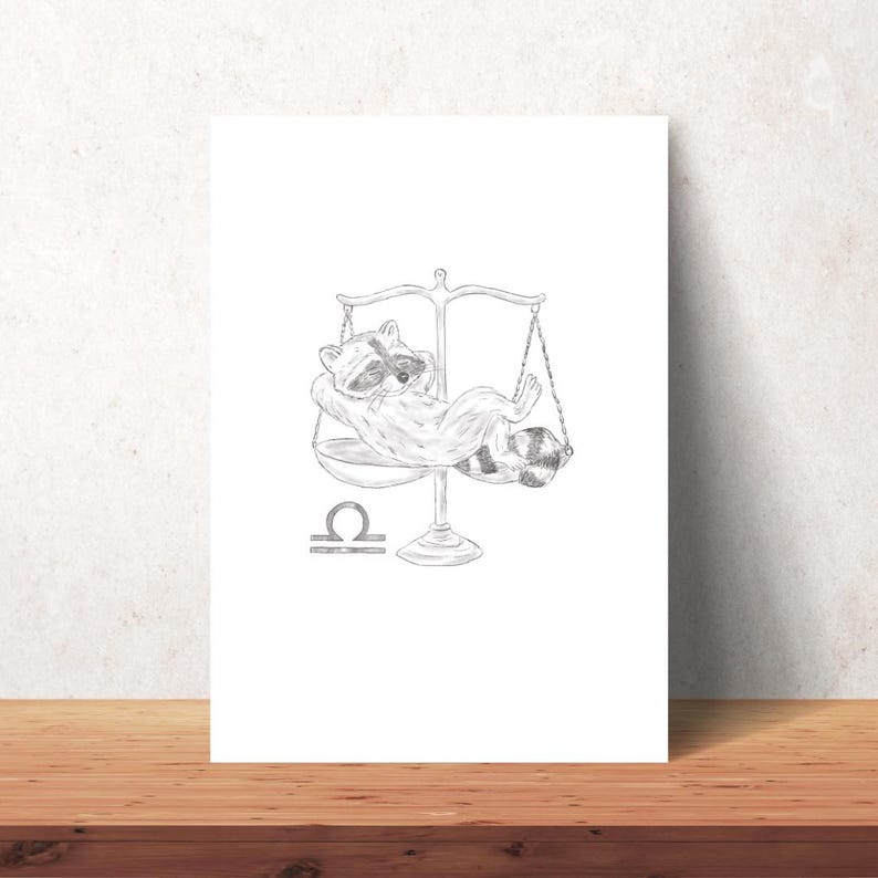 Schlurpi the Raccoon as Libra – A4 Unframed Zodiac Art Print on Matte 250gsm Fine Art Paper | Balanced and Cozy Horoscope Artwork
