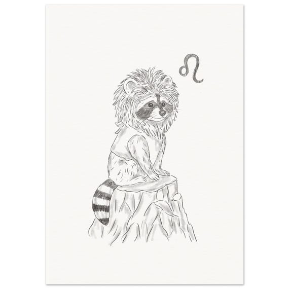 Schlurpi the Raccoon as Leo – A4 Unframed Zodiac Art Print on 250gsm Fine Art Paper | Lion Mane Woodland Illustration for Leos