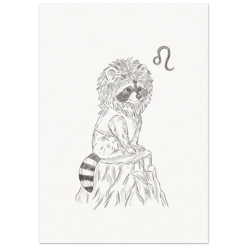Schlurpi the Raccoon as Leo – A4 Unframed Zodiac Art Print on 250gsm Fine Art Paper | Lion Mane Woodland Illustration for Leos