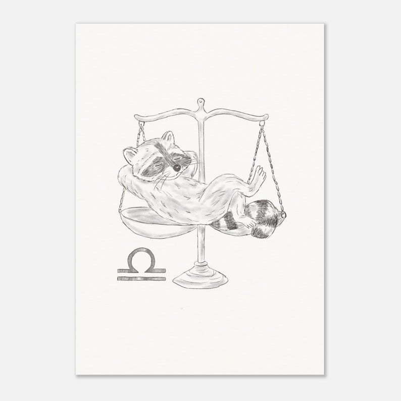 Schlurpi the Raccoon as Libra – A4 Unframed Zodiac Art Print on Matte 250gsm Fine Art Paper | Balanced and Cozy Horoscope Artwork