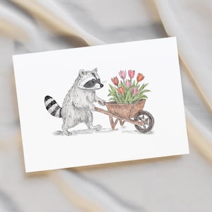 Carte postale raton laveur - Schlurpi avec tulipes | Carte de voeux mignonne de ressort de Zazzle.be Liste d'envies Vous avez des idées ? Illustration exclusive d'animaux des bois
