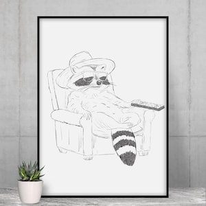Lazy Raccoon Pencil Sketch, Art Print of Schlurpi the Raccoon watching TV- Trademarked & Exclusive Sketches, No Frame included