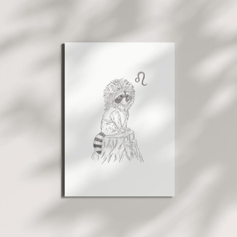 Schlurpi the Raccoon as Leo – A4 Unframed Zodiac Art Print on 250gsm Fine Art Paper | Lion Mane Woodland Illustration for Leos