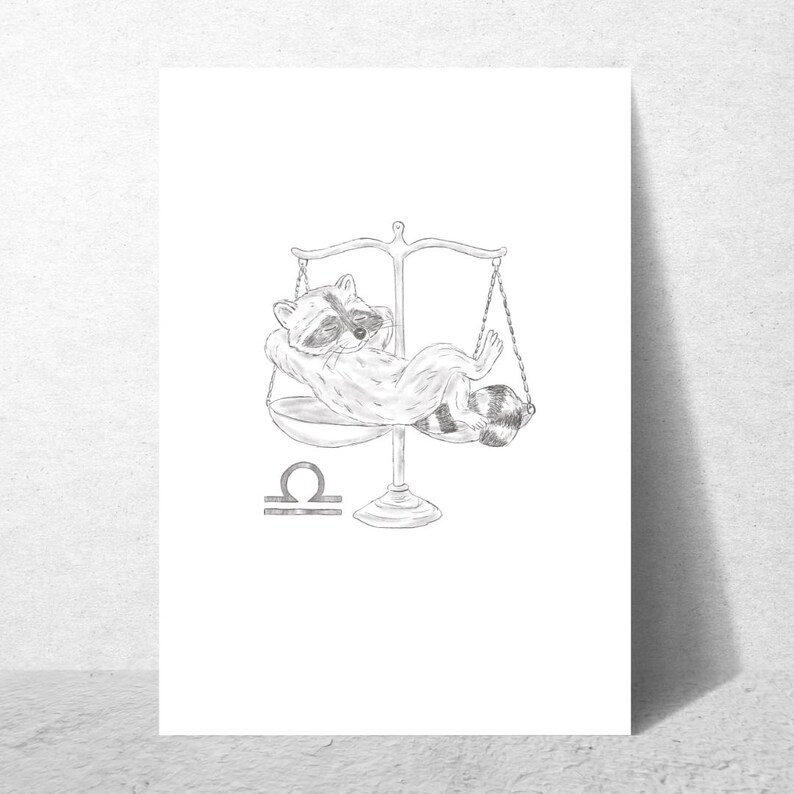 Schlurpi the Raccoon as Libra – A4 Unframed Zodiac Art Print on Matte 250gsm Fine Art Paper | Balanced and Cozy Horoscope Artwork