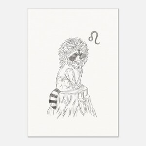 Schlurpi the Raccoon as Leo – A4 Unframed Zodiac Art Print on 250gsm Fine Art Paper | Lion Mane Woodland Illustration for Leos