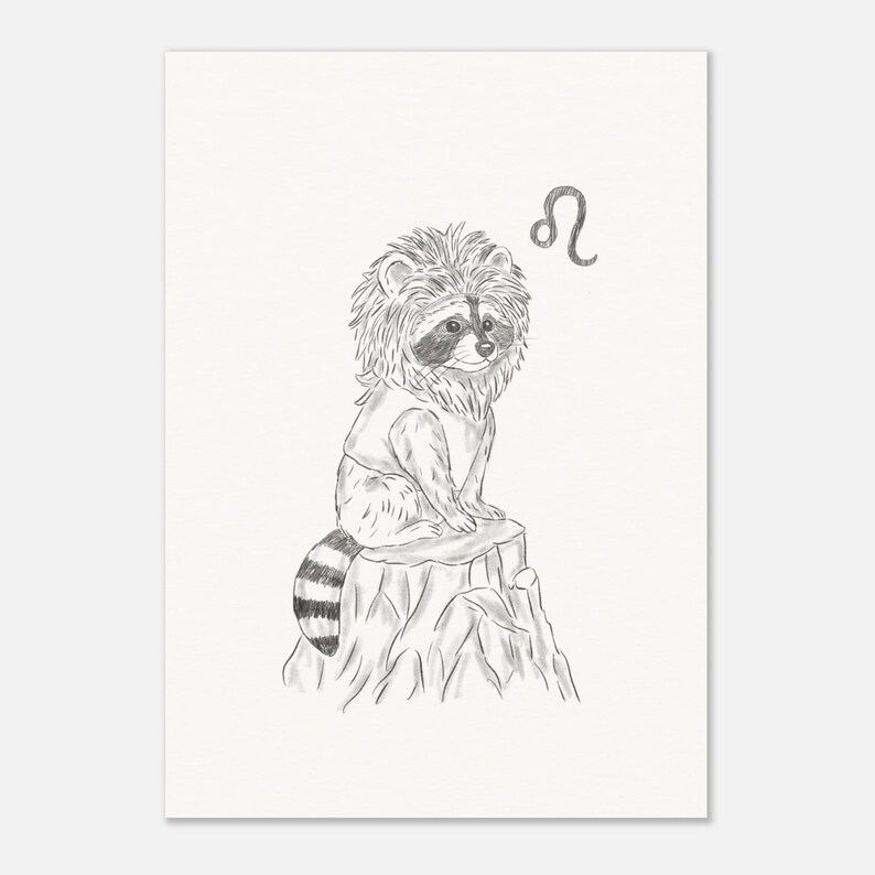 Schlurpi the Raccoon as Leo – A4 Unframed Zodiac Art Print on 250gsm Fine Art Paper | Lion Mane Woodland Illustration for Leos
