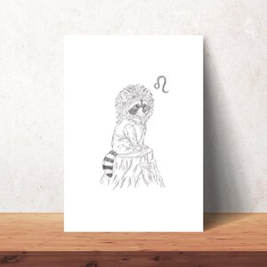 Schlurpi the Raccoon as Leo – A4 Unframed Zodiac Art Print on 250gsm Fine Art Paper | Lion Mane Woodland Illustration for Leos