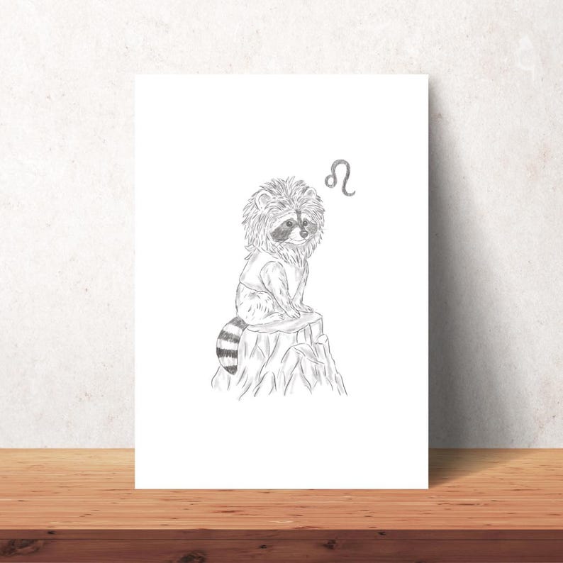 Schlurpi the Raccoon as Leo – A4 Unframed Zodiac Art Print on 250gsm Fine Art Paper | Lion Mane Woodland Illustration for Leos