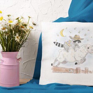 Square Pillow with Schlurpi the Raccoon Riding a Sheep | Perfect Gift for Raccoon Fans