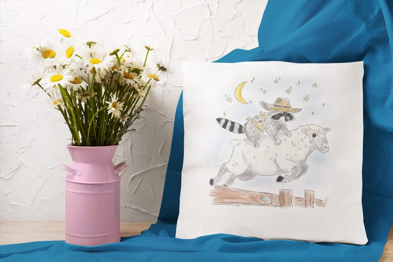 Square Pillow with Schlurpi the Raccoon Riding a Sheep | Perfect Gift for Raccoon Fans