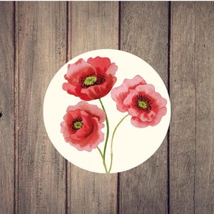 Poppy Flower -- Round Vinyl Sticker // Flowers // Floral // Poppies // Red Flower // Roses