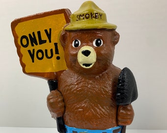 Smokey the Bear Cast Iron Bank Holding His Shovel and Only You Sign, Coin Slot Up Stop