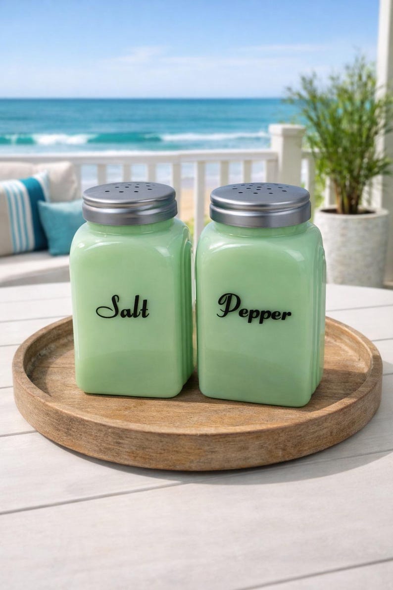 May include: Two light green glass salt and pepper shakers with silver lids sit on a wooden tray. The word "Salt" is printed on one shaker, and "Pepper" on the other. The background shows a beach scene.