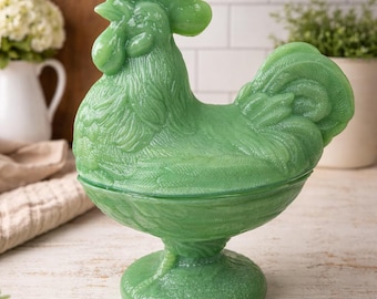Jadeite Depression Style Glass Nesting Chicken Hen on Nest Candy