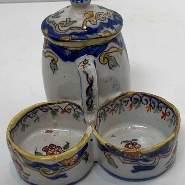 Antique Porcelain French Faience Cruet Set Salt & Pepper Cellar and Mustard Jar with Lid Multi Color Design with Blue Yellow Green