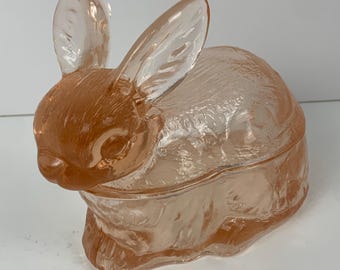 Pink Bunny Rabbit Covered Candy Dish, Depression Style Glass, Cottage, Country Kitchen, Farmhouse, MCM Decor, Retro Home Decor,