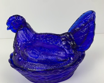 Cobalt Blue Hen on Nest Candy Dish: Vintage Farmhouse Decor