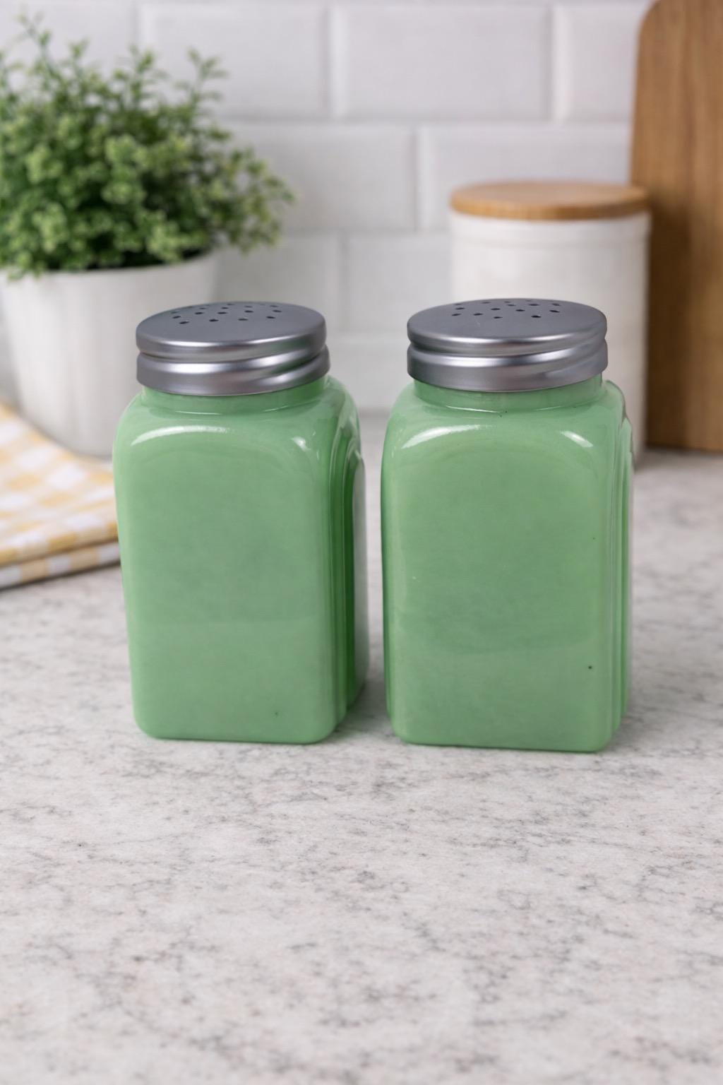 Jadeite Salt & Pepper Shakers - Sunbeam Bread Logo - Depression