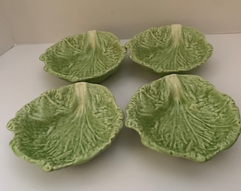 Set of 4 Cabbage Leaf Plates Salad Plates Dip Chip Leaf Plate Bowl Ceramic Green Lettuce Looking Plates 7 Inch Diameter