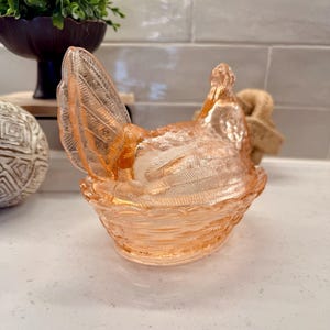 May include: A decorative, peach-colored glass hen-shaped dish. The hen is perched on a woven basket-like base, with detailed wing and feather textures. The dish is likely used for serving or display.