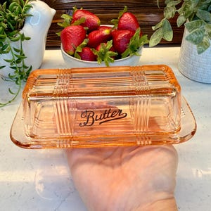 Pink Amber Depression Style Glass Butter Dish with Cover, Farmhouse Cottage Kitchen Decor, Retro Glass Butter Keeper Gift