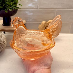 May include: A vintage, peach-colored glass hen-on-nest dish. The hen has detailed feather and comb textures, with a matching nest base. This decorative piece is a charming addition to any kitchen or home decor.