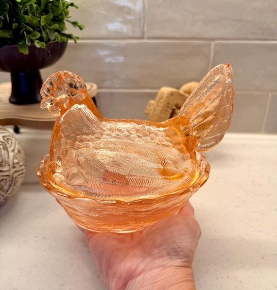 Vintage Pink Slight Amber Glass Hen on Nest Candy Dish, Farmhouse, Country, Cottage Decor