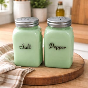Puede incluir: Dos saleros y pimenteros de vidrio verde a juego con tapas plateadas. Uno tiene la palabra "Salt", el otro "Pepper". Están sobre una tabla de madera, con un paño a cuadros en primer plano.
