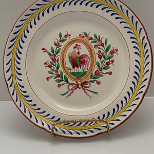 Decorative Hand Painted Luneville Rooster Floral Plate Vintage S'Cleiueut Cockerel Chanticleer Dinner French Porcelain 9 1/2 inches Antique