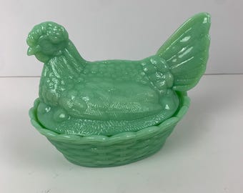 Jadeite Hen on Nest Candy Dish: Vintage Farmhouse Decor