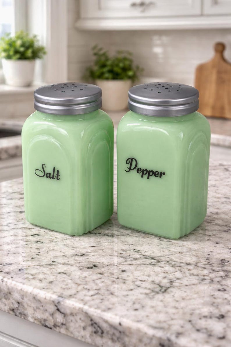 May include: A pair of vintage-style salt and pepper shakers. The square, light green glass jars have silver-colored metal lids with small holes. The word "Salt" is written on one shaker, and "Pepper" on the other in a black script font.
