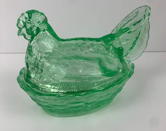 Green Depression Style Glass Hen on Nest Candy Dish, Vintage Decor