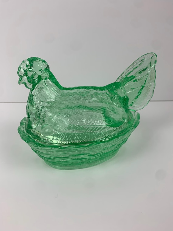 Green Depression Style Glass Hen on Nest Candy Dish, Vintage Decor