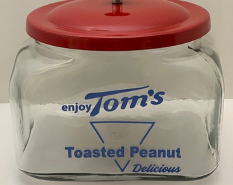 Toms Peanut Counter Jar with Lid Blue Letters Country Store Display Cookie Jar Candy Jar Kitchen Counter Top Storage Country Store Look